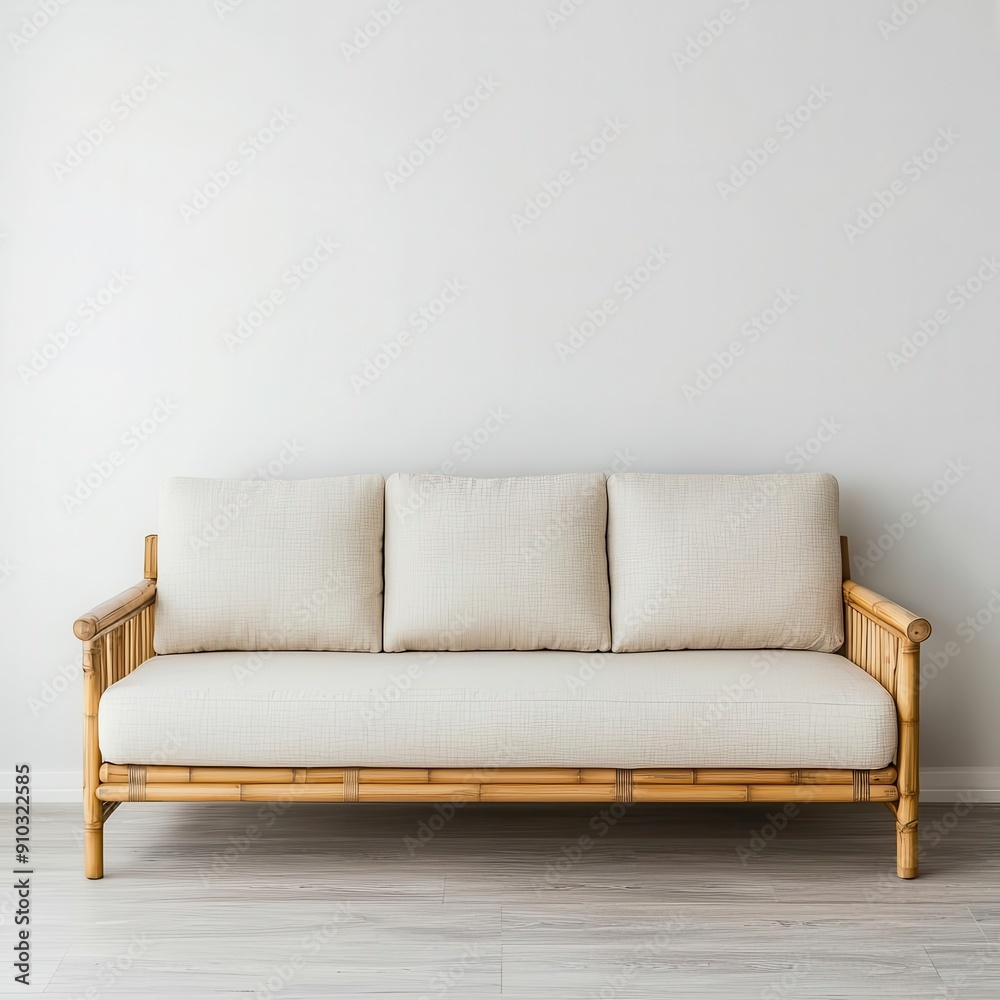Contemporary bamboo sofa with neutral cushions in a minimalist living room, eco-friendly furniture, modern eco-style Contemporary bamboo sofa with neutral cushions in a minimalist living room, eco-friendly furniture, modern eco-style