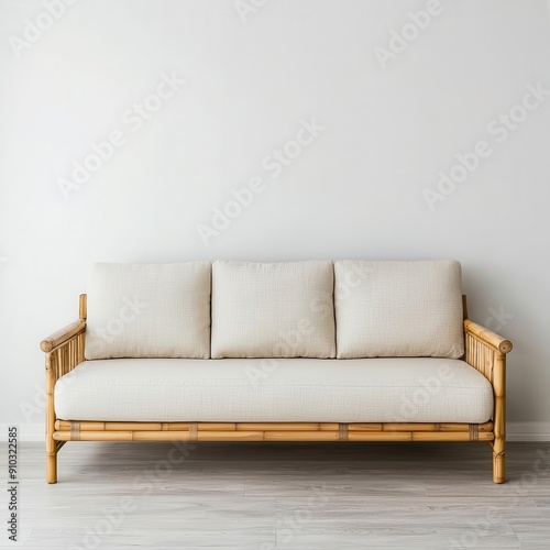 Contemporary bamboo sofa with neutral cushions in a minimalist living room, eco-friendly furniture, modern eco-style