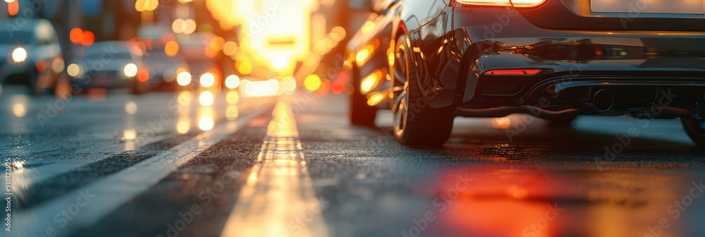 Black Car Driving on Wet Road at Sunset. Black Car Driving on Wet Road at Sunset.