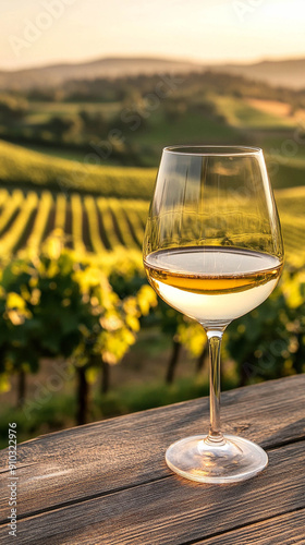 A white glass of wine with a blurred vineyard in the background