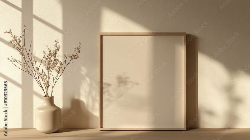 Light beige empty living room with a wooden frame on the wall close-up Light beige empty living room with a wooden frame on the wall close-up
