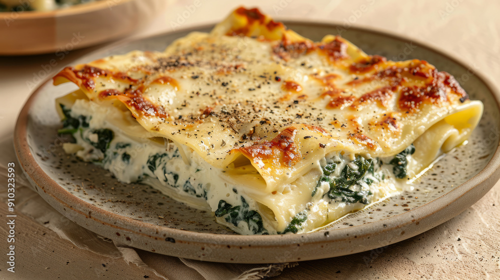 Close-up of spinach and cheese lasagna on a ceramic plate. Close-up of spinach and cheese lasagna on a ceramic plate.