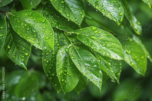 Close-up of fresh spring green leaves Hovenia dulcis, known as Japanese or Oriental Raisin tree. Beautiful simple AI generated image in 4K, unique.