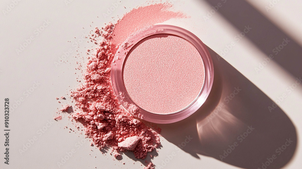Light pink blush powder on a light beige background an sun reflection