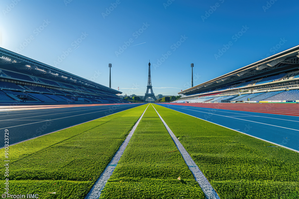 Immaculate Paris Olympic Stadium Under Clear Blue Sky With Eiffel Tower in Distance Immaculate Paris Olympic Stadium Under Clear Blue Sky With Eiffel Tower in Distance