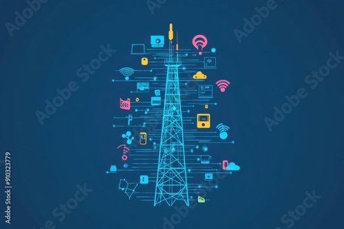 A 5G tower emitting waves of data, with digital icons representing different connected devices