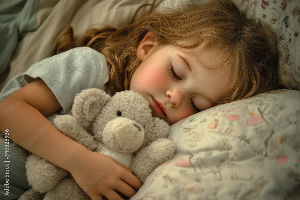 Child Serene in Sleep, Embracing Soft Companion with Innocent Grace Child Serene in Sleep, Embracing Soft Companion with Innocent Grace