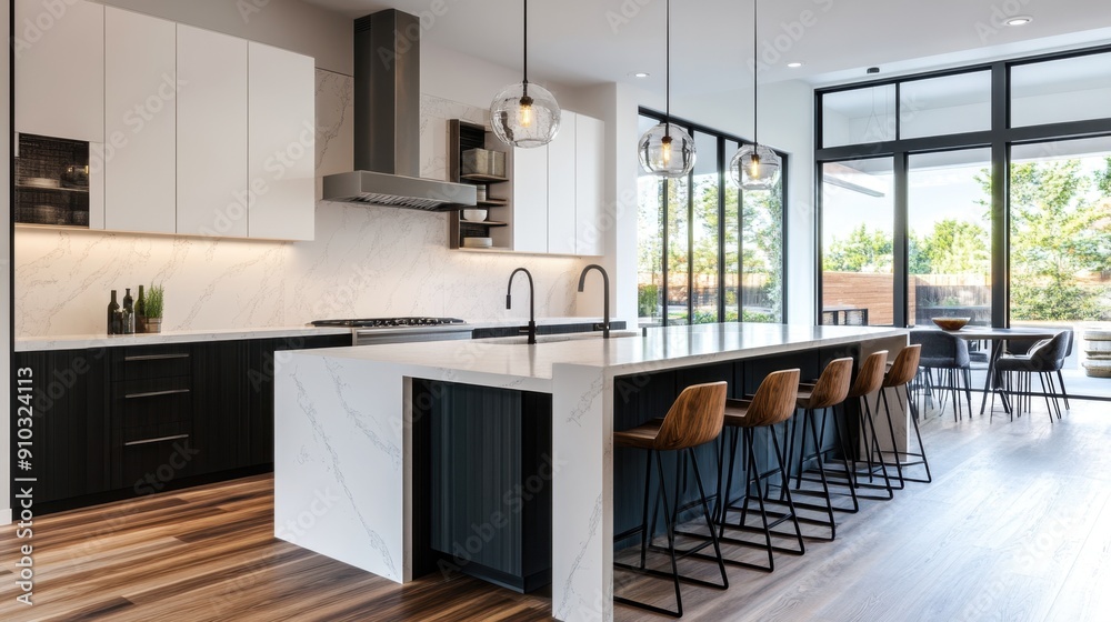 A modern kitchen with a large central island featuring a marble countertop