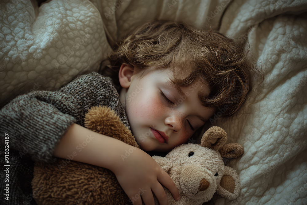 Peaceful Slumber: A Child's Serene Sleep Embracing a Cherished Stuffed Toy Peaceful Slumber: A Child's Serene Sleep Embracing a Cherished Stuffed Toy