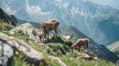 Two brown deer graze on a mountainside with green grass, blue sky, and white snow, capturing the beauty and tranquility of nature. 