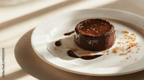 Small chocolate cake on a white plate with a light beige background