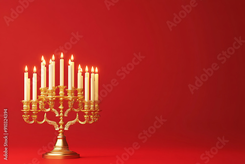 Menorah with candles for Hanukkah on blurred wooden background, close up