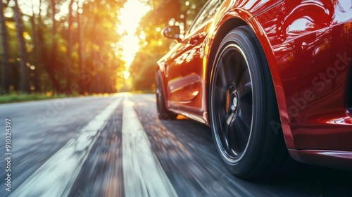 Red Car Driving on Road with Blurred Background.