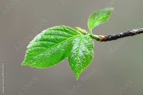 Close-up of vibrant green leaves with dew drops, showcasing nature's freshness and beauty in a detailed botanical macro shot.. Beautiful simple AI generated image in 4K, unique.