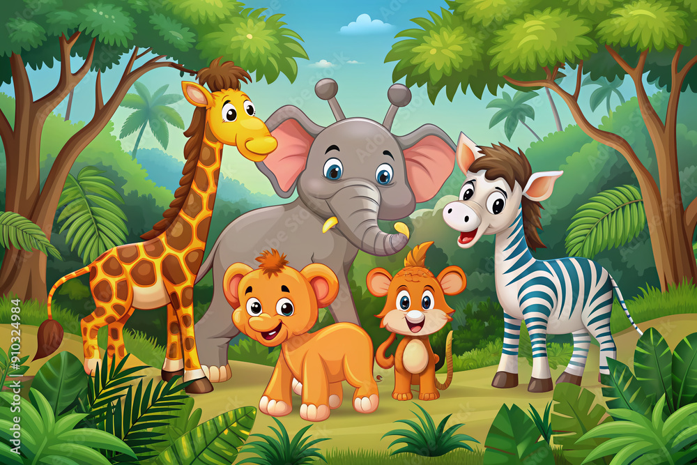 Naklejka premium Adorable cartoon illustration of African animal friends, including elephant, lion, giraffe, zebra, and monkey, playing together in a vibrant rainforest filled with trees.