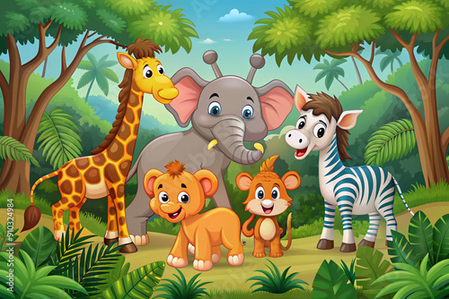 Adorable cartoon illustration of African animal friends, including elephant, lion, giraffe, zebra, and monkey, playing together in a vibrant rainforest filled with trees. photo