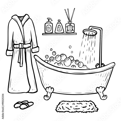 Bathroom hand drawn doodle. Shower room with bath. Terry robe, shampoo, soap. Body washing. Relaxation in the foam. Vector outline line art illustration.