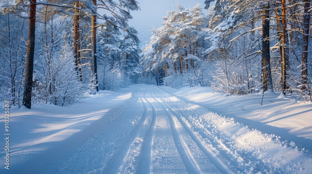Snow-Covered Forest Path in Winter.