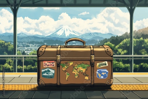 A vintage suitcase with travel stickers from around the world, placed on a train platform with a scenic backdrop