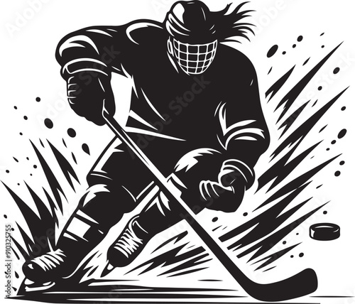 Ice Hockey Player Black Silhouette Vector Illustration On Isolated White Background