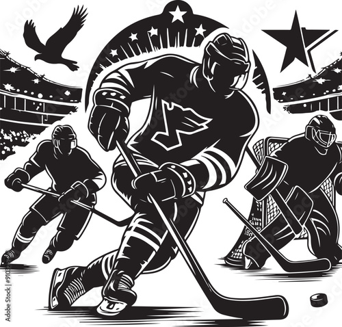 Ice Hockey Player Black Silhouette Vector Illustration On Isolated White Background