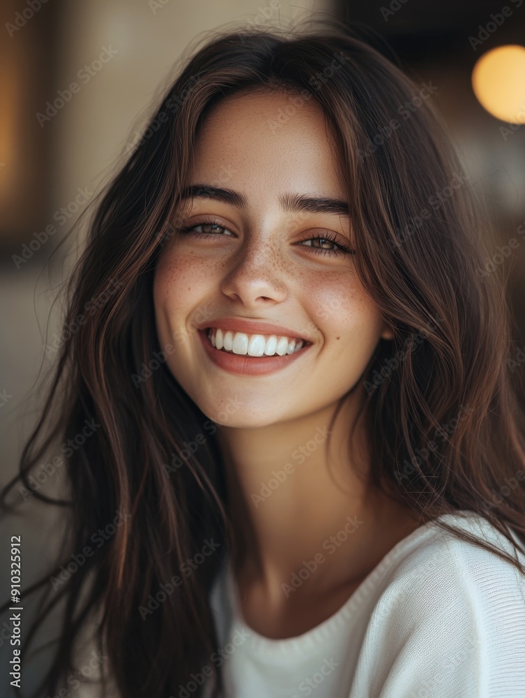 A happy woman posing with a warm smile, featuring long brown hair A happy woman posing with a warm smile, featuring long brown hair