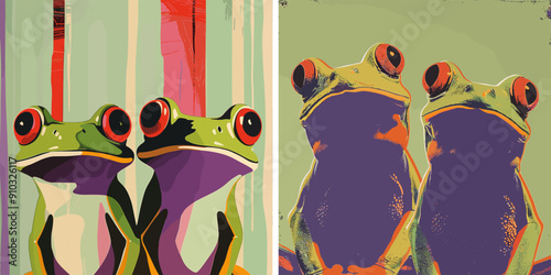 Exotic frogs cartoon vector collection. Perched stalks crimson eyes verdant complexion freshwater toads vivid hues rainforest residents vibrant posters.