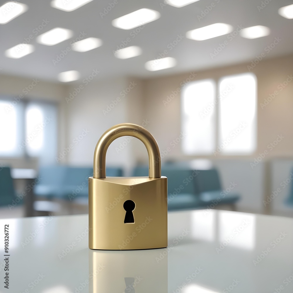 Fototapeta premium A worn brass padlock icon, symbolizing healthcare data security with a blurred hospital waiting area in the background