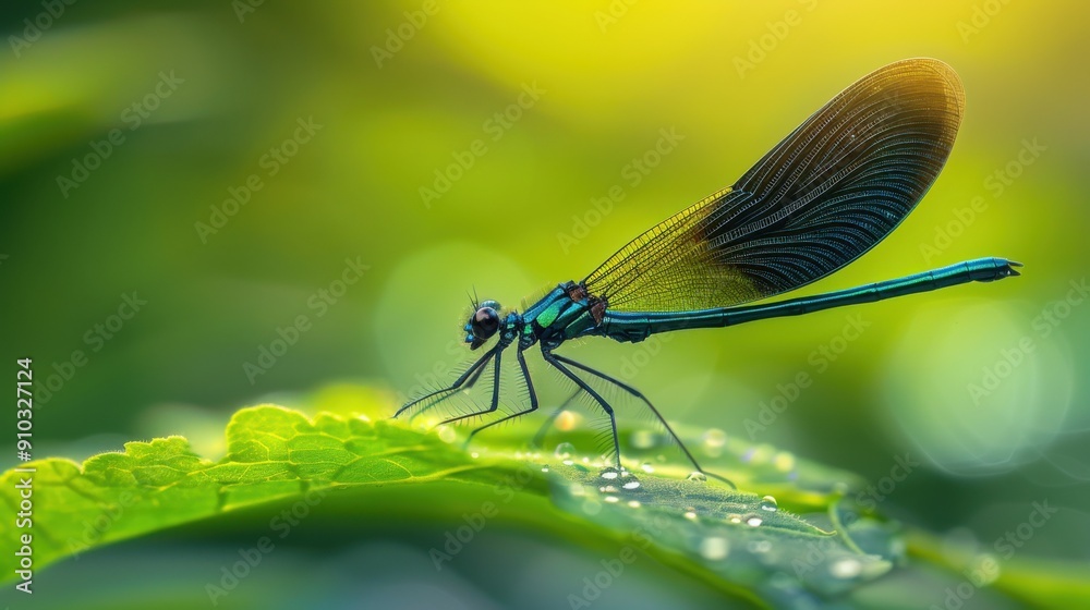 Emerald Dragonfly Resting on Dewy Leaf. Emerald Dragonfly Resting on Dewy Leaf.