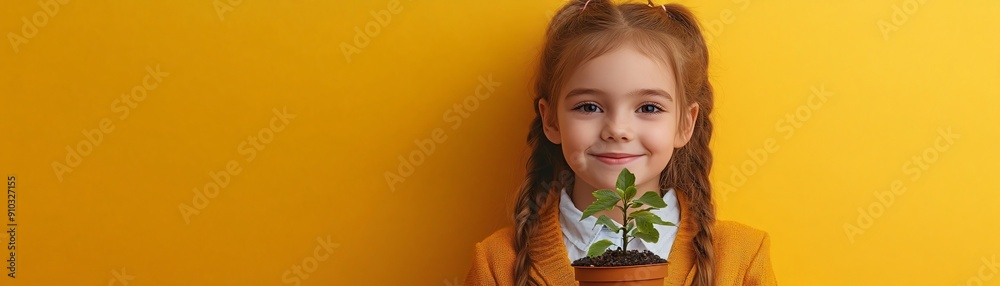Delighted girl in formal school attire holding a small potted plant she cultivated portraying the balance of gardening and entrepreneurial skills against a striking yellow background Delighted girl in formal school attire holding a small potted plant she cultivated portraying the balance of gardening and entrepreneurial skills against a striking yellow background