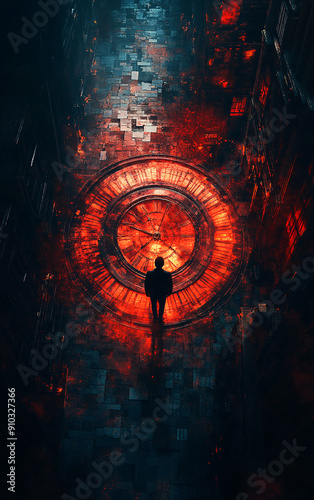 Time Traveler Man walking around large red-illuminated clock face within spiraling architectural structure, viewed from above with dramatic lighting and mysterious atmosphere photo