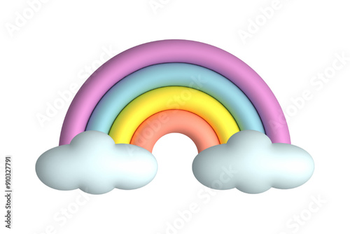 Beautiful rainbow with clouds 3d vector icon isolated on white background.