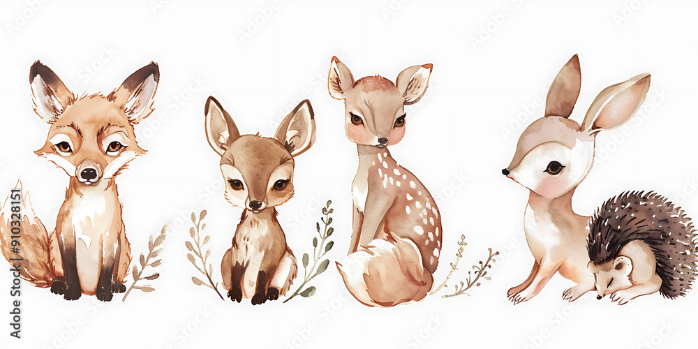 Obraz premium Adorable watercolor illustration of a fox, two deer and a rabbit with a hedgehog. 