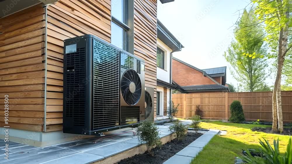 Vivid, detailed photo of an air source heat pump being installed outside a newly built residential home, highlighting the sleek design and modern technology of the system