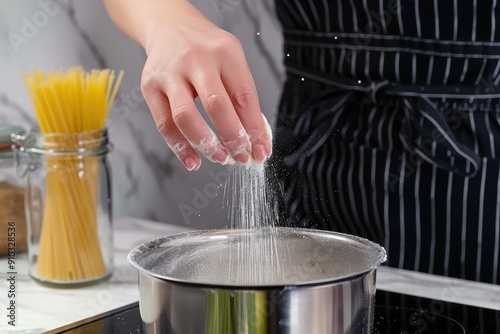 cooking italian pasta with cream sauce and basil, at home. a girl or woman adds salt to boiling water. next to it, raw macaroni in a glass jar. vegetarian food. step-by-step instructions, do it yourse photo