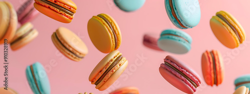 Wallpaper Mural Colorful macarons falling against a pink background. Perfect for food, dessert, and confectionery concepts. 
 Torontodigital.ca