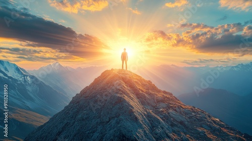 A lone figure standing on a mountain peak, bathed in the golden glow of a stunning sunset.