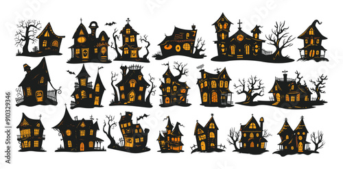 Gothic haunted houses halloween cartoon vector concepts. Spooky dark creepy ghostly eerie mansion abandoned shadows scary night mystery chilling sinister unsettling frightful isolated illustrations