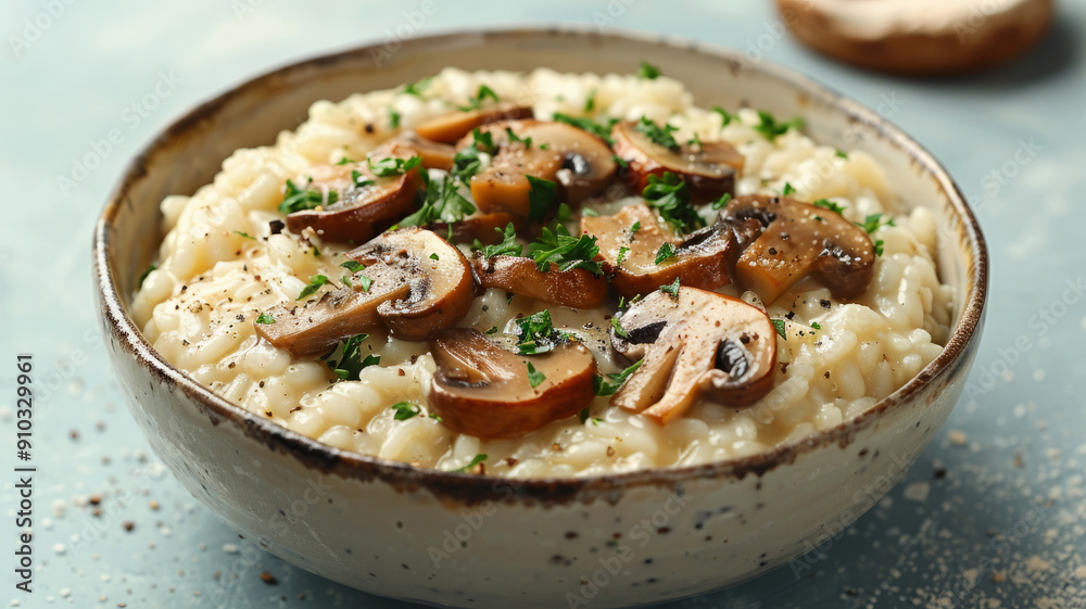 Creamy mushroom risotto garnished with fresh herbs in a bowl. Creamy mushroom risotto garnished with fresh herbs in a bowl.