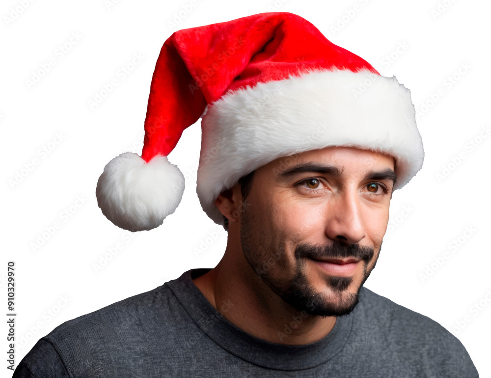 Man in santa hat, christmas and celebration concept, on transparent background PNG. Man in santa hat, christmas and celebration concept, on transparent background PNG.