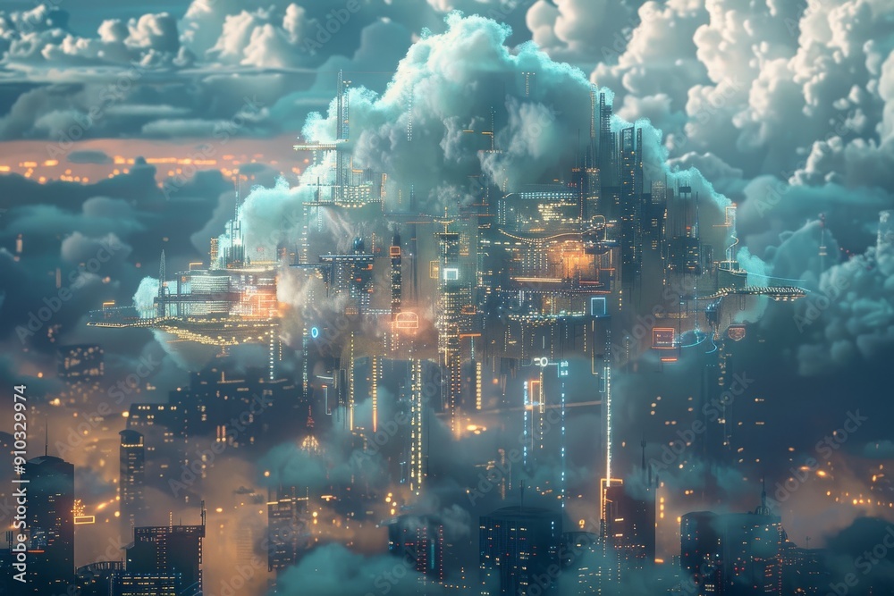 A lone cloud hovering in a server room, symbolizing data storage and cloud computing technology, Cloud computing infrastructure, AI generated A lone cloud hovering in a server room, symbolizing data storage and cloud computing technology, Cloud computing infrastructure, AI generated