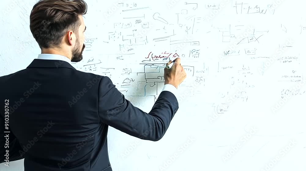 Side View of Handsome Young Businessman in Elegant Suit with White Shirt Writing with Marker on Whiteboard - Brainstorming Ideas and Drawing Strategy for Company Success Side View of Handsome Young Businessman in Elegant Suit with White Shirt Writing with Marker on Whiteboard - Brainstorming Ideas and Drawing Strategy for Company Success