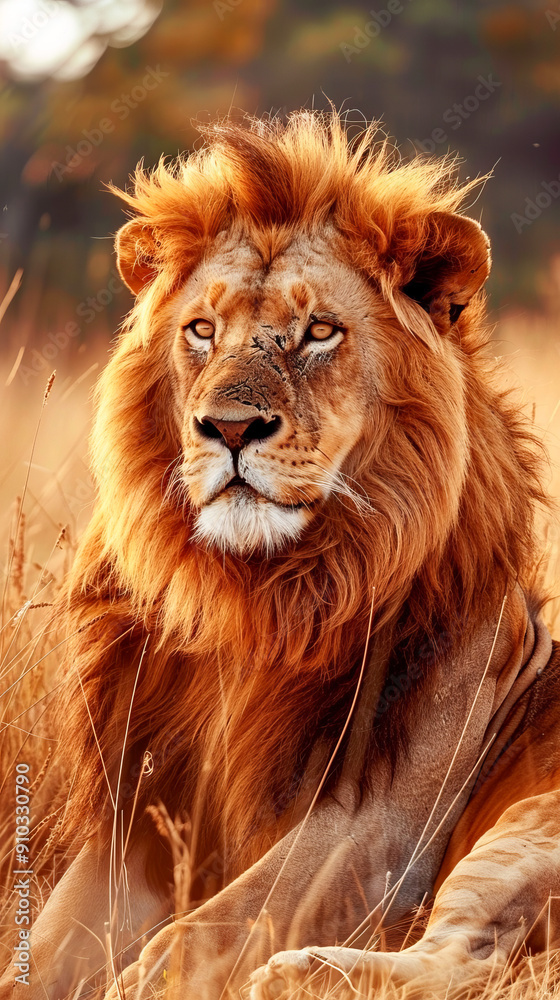 Naklejka premium Majestic lion resting in the golden savanna