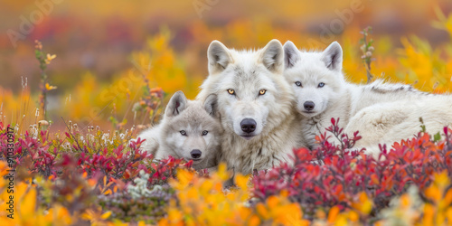 Obraz na plátně Mother Arctic wolf and pups in autumn landscape