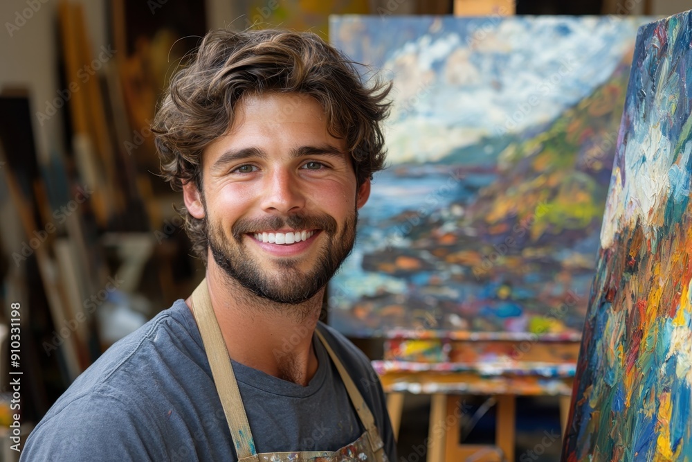 Confident Male Artist Creating Masterpiece at Easel with Joyful Smile Confident Male Artist Creating Masterpiece at Easel with Joyful Smile