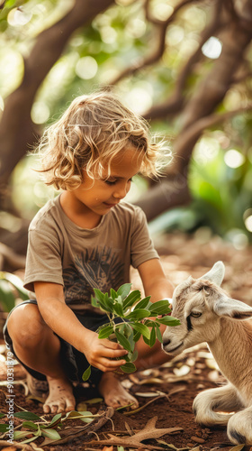 Boy playing with baby goat in lush forest