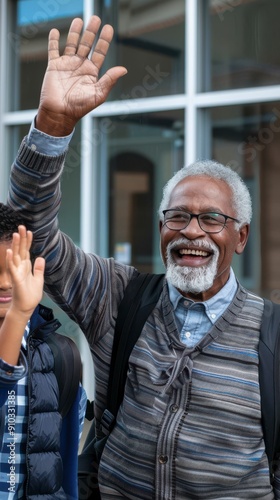 An elderly man happily greets others while standing near a community center, enjoying the warm sunshine