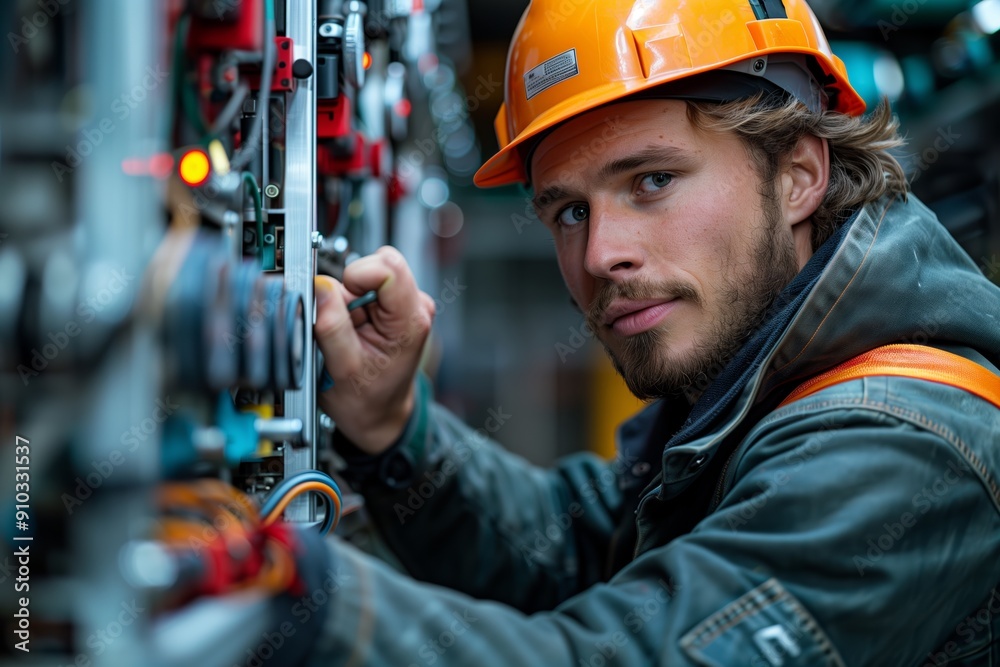 Young Electrician Working Diligently on Circuit Panel in Industrial Workshop During Daylight Hours Young Electrician Working Diligently on Circuit Panel in Industrial Workshop During Daylight Hours
