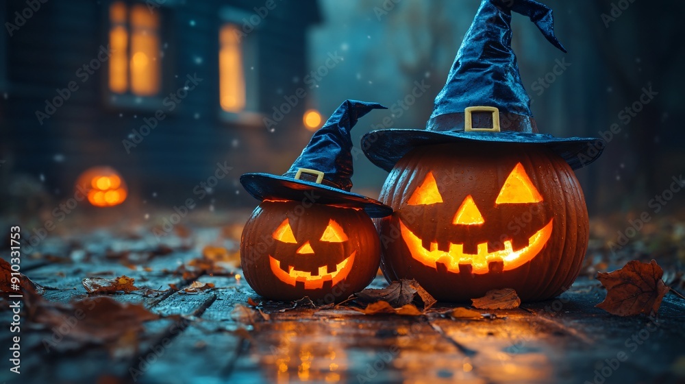 Fototapeta premium Jack o lanterns displayed on a wooden table with the smallest one wearing a witch hat set against a spooky twilight background symbolizing creative Halloween decorations