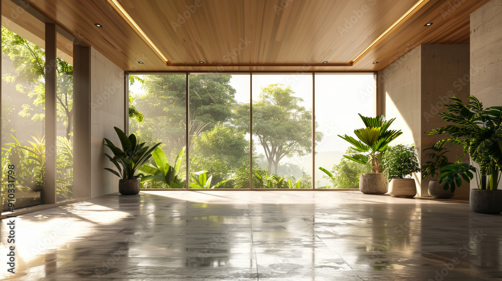 Modern contemporary empty hall nature render overlooking living room behind concrete floors